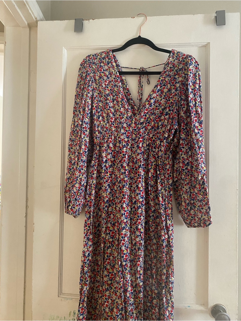Floral V-Neck Long Sleeve Midi Dress - Red & Blue Floral